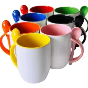 Taza de Cerámica Redonda con Color por Dentro y Cuchara Personalizada de 11 oz